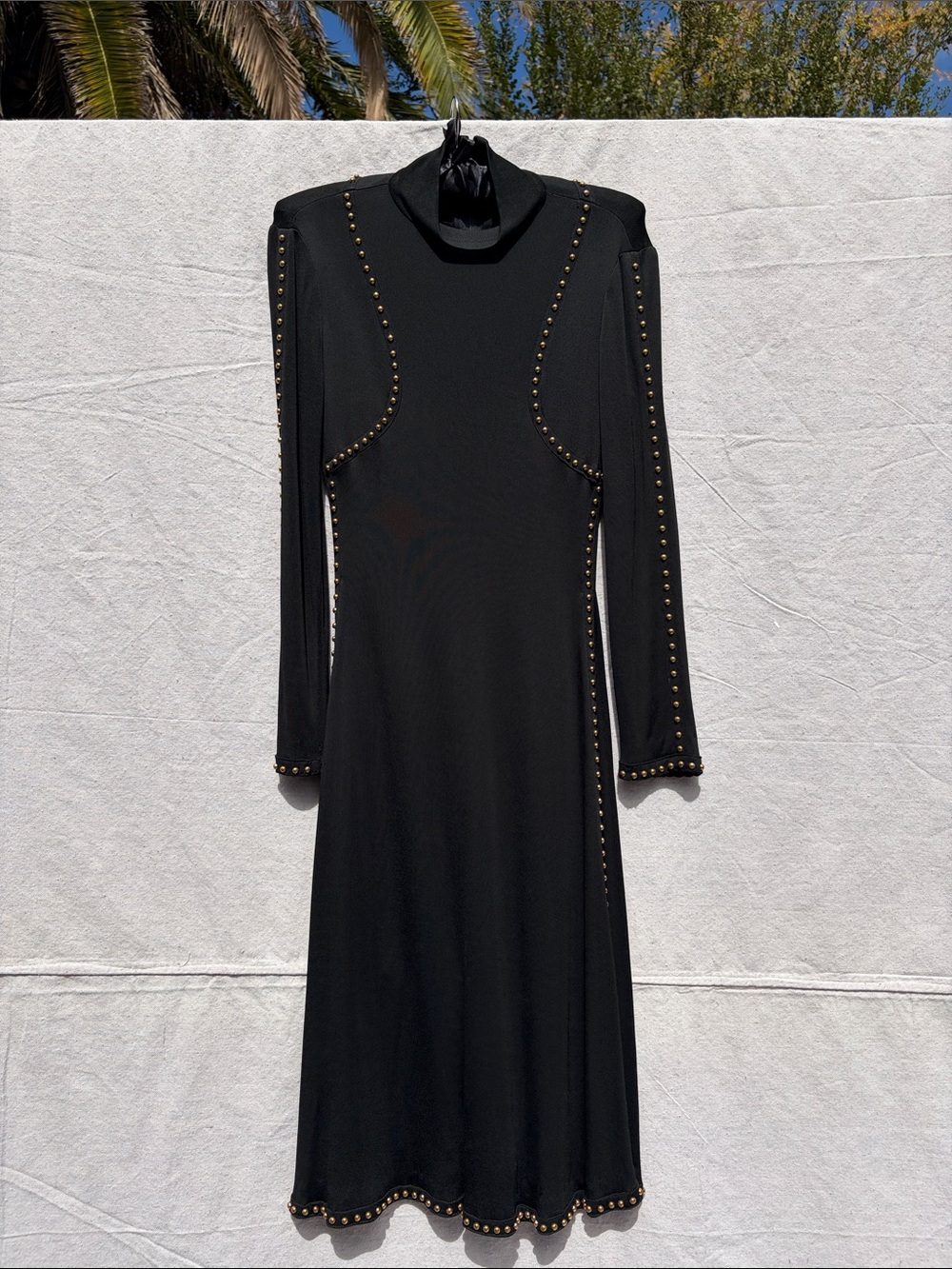 Black Stud-Trim Long Sleeve Dress